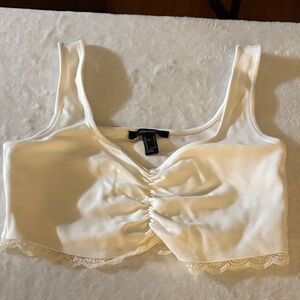 Forever 21 Ivory Lace-Trim Ruched Crop Tank